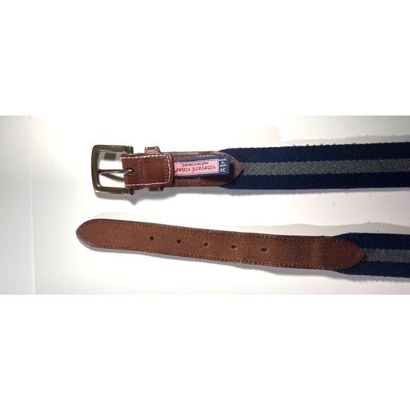 Vineyard Vines 34" Striped Canvas & Leather Belt With Brass Buckle - Picture 8 of 10